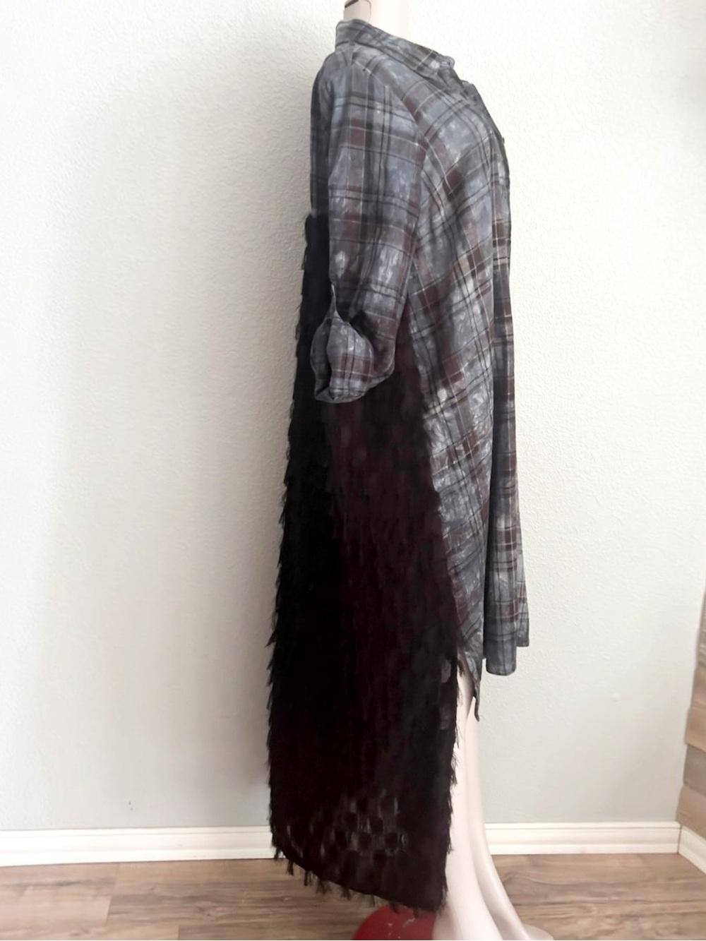 Plaid Linen Fringed Tab Sleeve Jacket Hi/Lo Lagenlook Western Boho L/XL - Picture 8 of 10